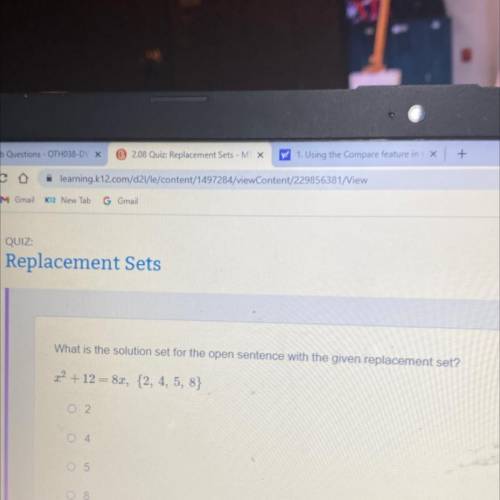 What is the solution set for the open sentence with the given replacement set? X2 + 12 = 8x, { 2, 4