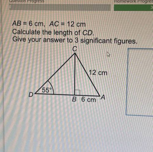AB 6 cm, AC 12 cm

Calculate the length of CD.
Give your answer to 3 significant figures.
с
12 cm