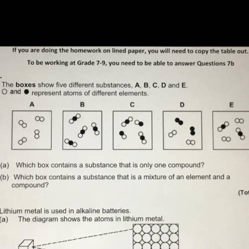 Pls help. :)

The boxes show five different substances, A, B, C, D and E.
O and represent atoms of