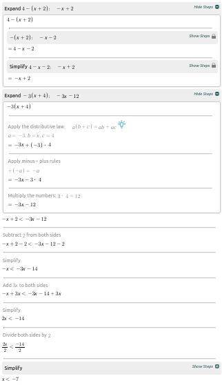 Plz help will give brainliest and 15 points

Solve for x: 4 − (x + 2) < −3(x + 4)
Group of answe