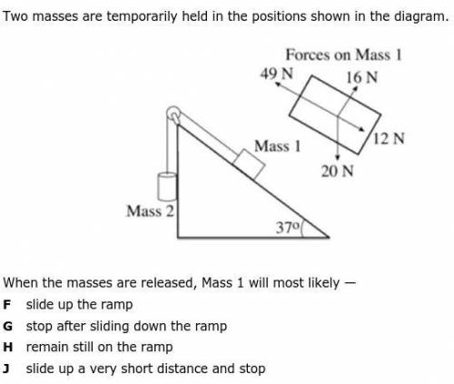 Two masses are temporarily held in the positions shown in the diagram. When the masses are released