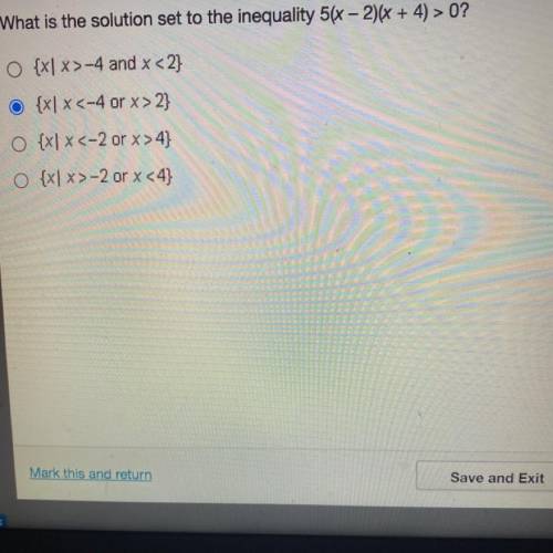What is the solution set to the inequality 5(x - 2)(x + 4) > 0?