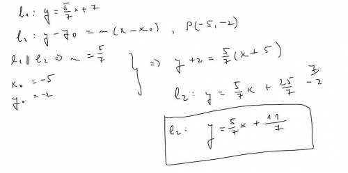 Consider the line y=5/7x+7. Find the equation for the line that is parallel to the line and passes t