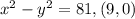 x^{2} -y^{2} =81, (9,0)