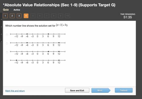 Which number line shows the solution set for StartAbsoluteValue p minus 3 EndAbsoluteValue = 9?

A