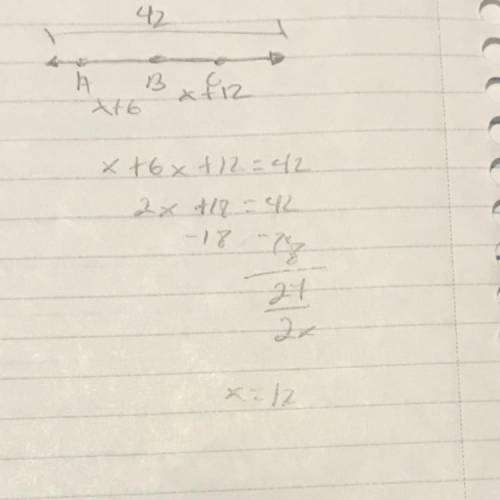 Point B is between A and C. AC = 42, BC = x + 12, and AB = x +6.
Find the value of x.