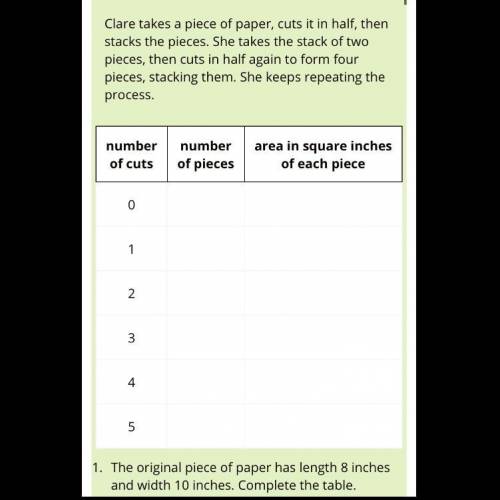 1. The original piece of paper has length 8 inches and width 10 inches. Complete the table.

Type