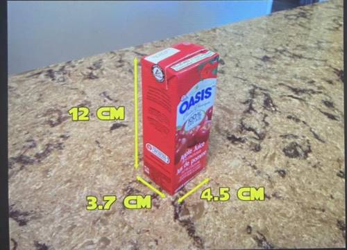 What is the total area for the front and side part of the juice box?

A. 52cm^2
B. 44.4cm^2
C. 199