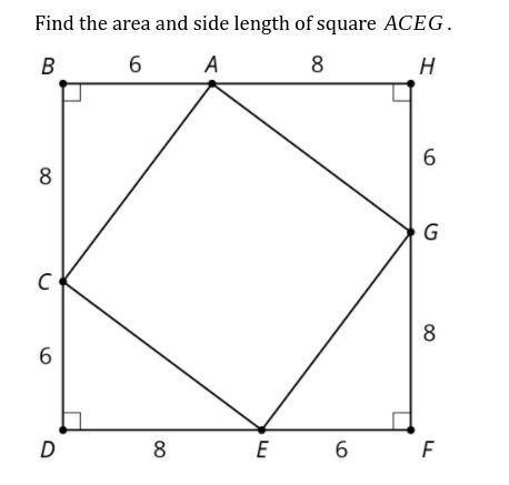 Find the area and side length of square ACEG.