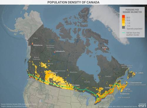 Much of Canada's population lives in close proximity to the northern border of the United States. W