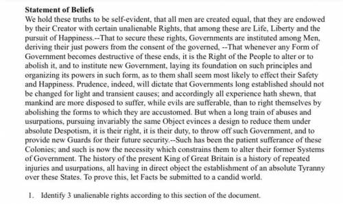 Identify 3 unalienable rights according to this section of the document.
