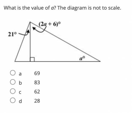 What is the value of a? The diagram is not to scale.

a
69
b
83
c
62
d
28