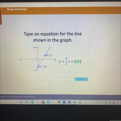Please help

Type an equation for the line
shown in the graph.
6.67 1
•(4,2)
1
3
10
y = 2*+[?]
(0.