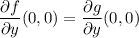 \displaystyle \frac{\partial f}{\partial y}(0,0) = \frac{\partial g}{\partial y}(0,0)