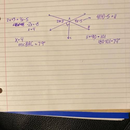 Find the value of x and m∠BAC
please explain and show how you got the answer