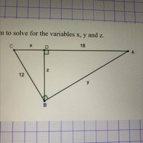 Given the following diagram use a previous theorem to solve for the variables x, y and z.