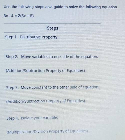 Use the following steps as a guide to solve the following equation.

3x -4 = 2(5x + 5)  Steps Step