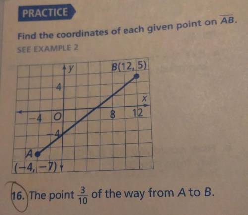 AB has endpoints at A(-4,-7) and B(12,5). What are the coordinates of the point 3/10 of the way fr
