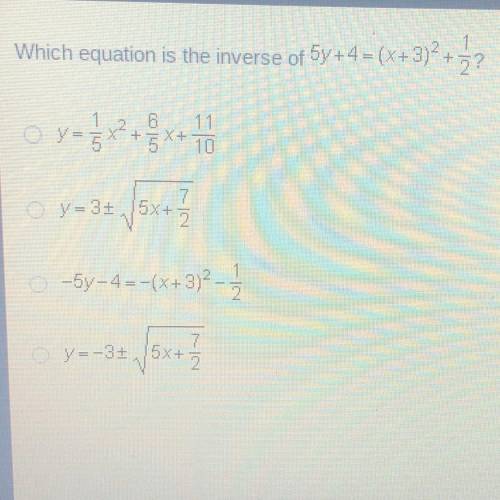 Which equation is the inverse of 5y+4= (x+3) + 3?

11
10
7
o y=*+ བློ
04-3= (5x
-5y-4--(x+3)2 -
x1