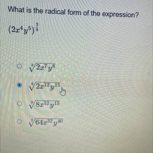 What is the radical form of the expression?
(2x^4y^5)3/8.