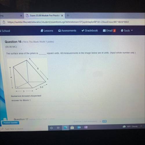 The surface area of the prism is blank square units how measurement in the image below are in units