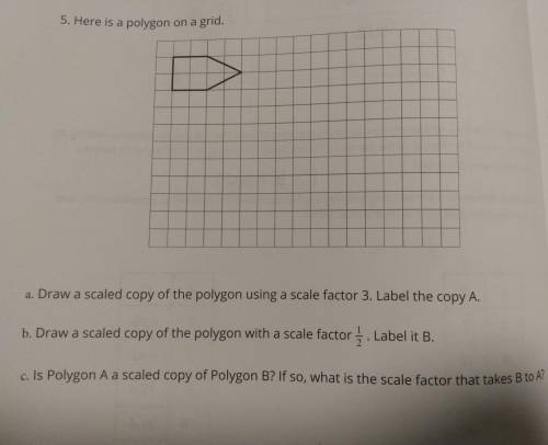 5. Here is a polygon on a grid.

a. Draw a scaled copy of the polygon using a scale factor 3. Labe
