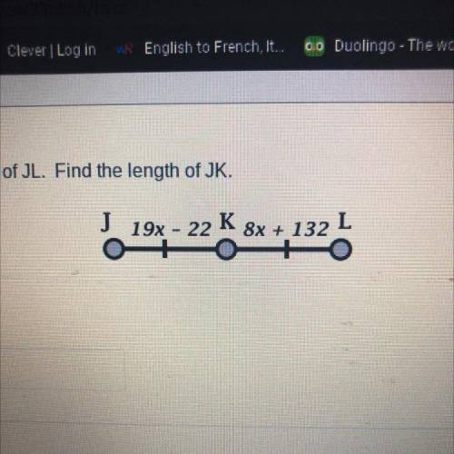 K is the midpoint of JL. Find the length of JK.