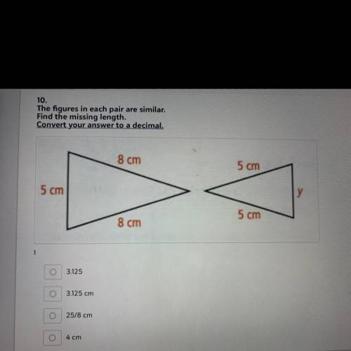￼ The figures in each pair are similar. Find the missing length . Convert your answer to a decimal.