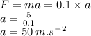 F = ma = 0.1 \times a  \\ a =  \frac{5}{0.1}  \\ a = 50 \: m. {s}^{ - 2}