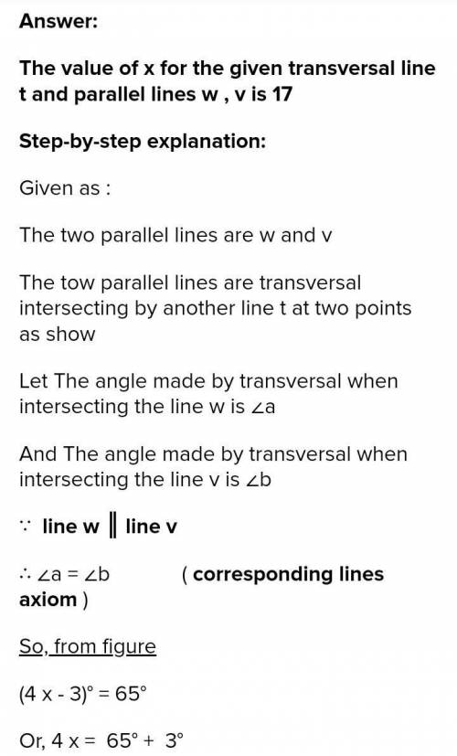 Find the value of x when lines w and v are parallel