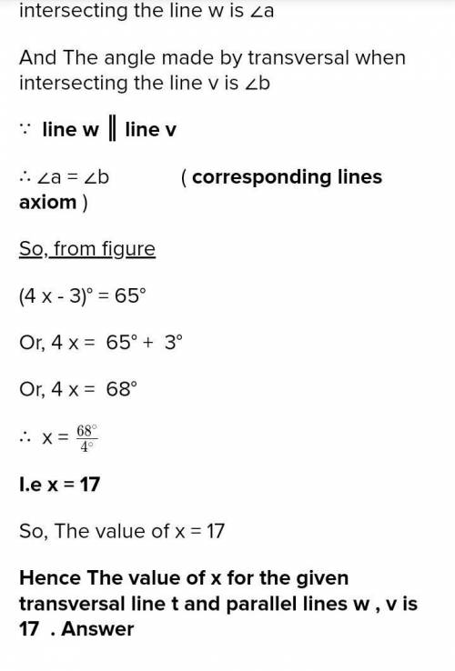Find the value of x when lines w and v are parallel