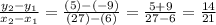 \frac{y_2 - y_1}{x_2 - x_1} =  \frac{(5) - (-9)}{(27) - (6)} = \frac{5 + 9}{27 - 6} = \frac{14}{21}