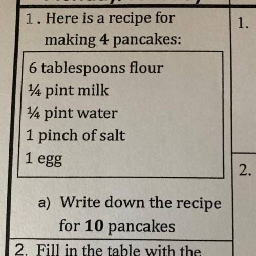1. Here is a recipe for

making 4 pancakes:
6 tablespoons flour
14 pint milk
14 pint water
1 pinch