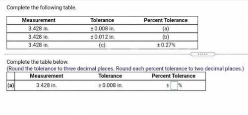 Complete the following table,

Measurement
3.428 in
3.428 in
3.428 in
Tolerance
+0.008 in.
+0.012
