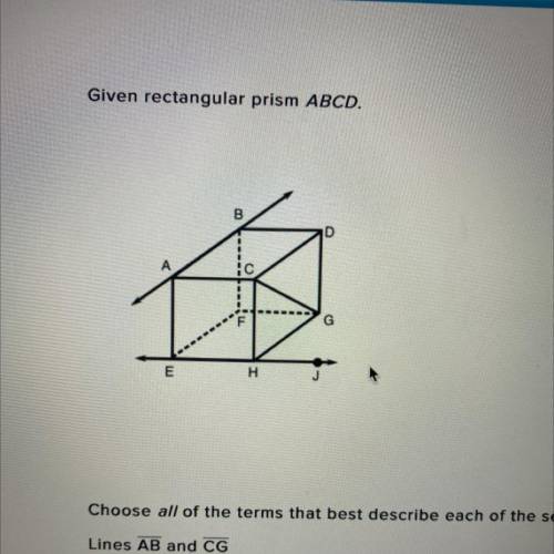 WILL GIVE BRAINLIEST

Given rectangular prism ABCD.
Choose all of the terms that best describe eac