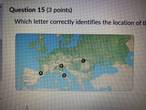 Which letter correctly identifies the location of the Alps on the map?