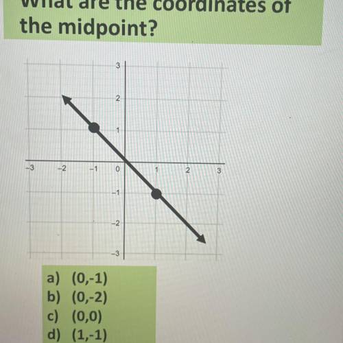 What are the coordinates of

the midpoint?
2
-3
-2
-1
o
2
-1
-2
a) (0,-1)
b) (0,-2)
c) (0,0)
d) (1