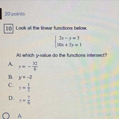 Look at the linear functions below.

 
21-y=3
10x +2y=1
At which y-value do the functions intersect