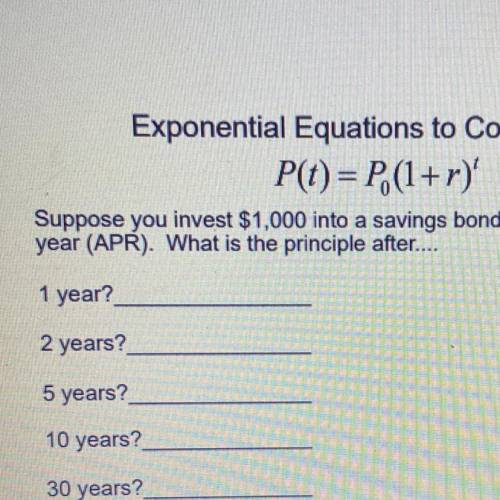 Exponential Equations to Compute Interest

P(t) = P. (1+r)'
Suppose you invest $1,000 into a savin