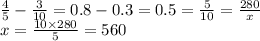 \frac{4}{5}  -  \frac{3}{10}  = 0.8 - 0.3 = 0.5 =   \frac{5}{10}  =  \frac{280}{x}  \\ x =  \frac{10 \times 280}{5}  = 560