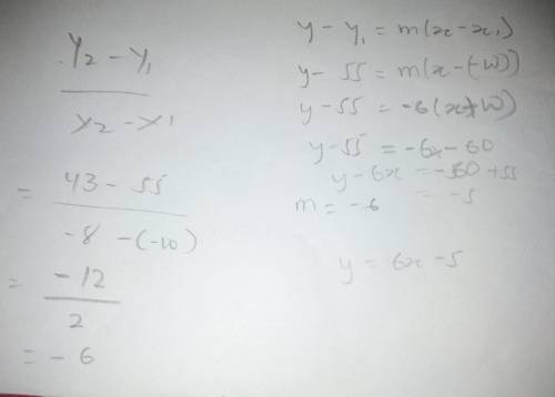 Find an equation of the line that goes through the points (-10,55) (-8,43). Write your answer is the