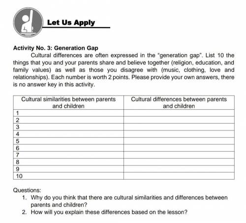 Activity No. 3: Generation Gap

Cultural differences are often expressed in the “generation gap”.