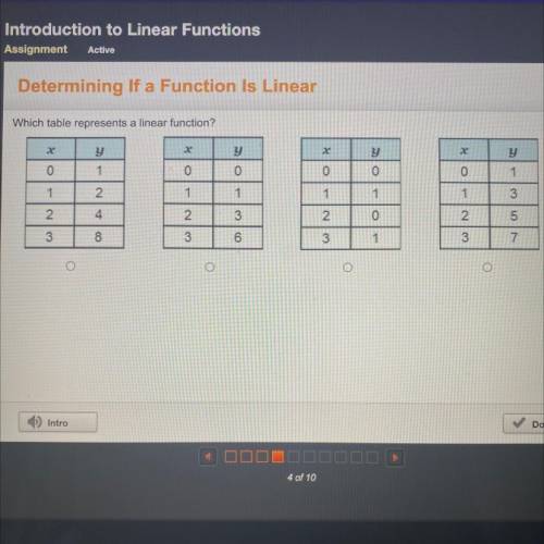 Which table represents a linear function?
check picture