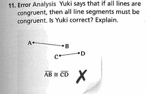 yuki says that if all lines are congruent, then all line segments must be congruent. Is yuki correc
