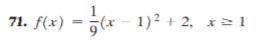 Inverse f(x)=1/9(x-1)^2 +2, x greater than equal to 1