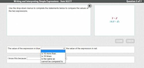 Use the drop-down menus to complete the statements below to compare the values of the two expressio