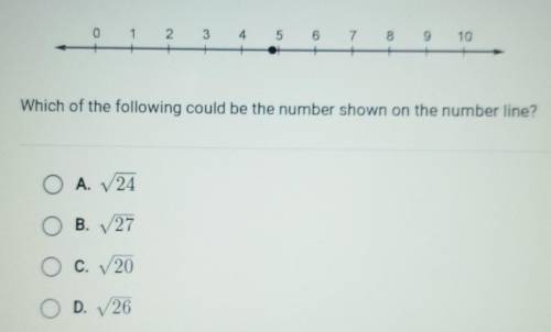 Which of the following could be the number shown on the number line?

A. √24 B. √27 C. √20 D. √26