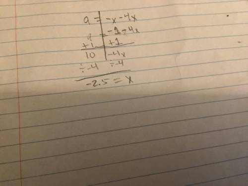 Given g(x)=-x-4g, solve for x when g(x)=9.