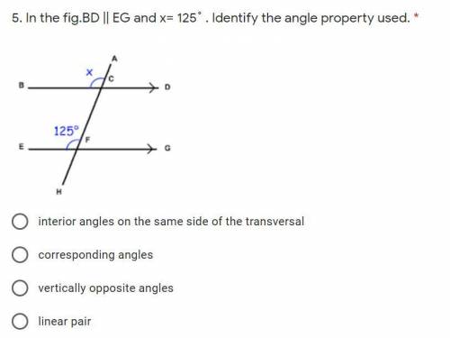 In the fig.BD || EG and x= 125˚ . Identify the angle property used