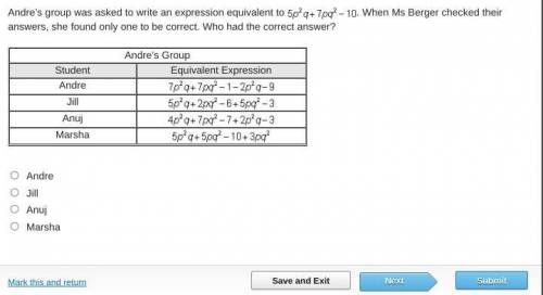 Andre’s group was asked to write an expression equivalent to 5 p squared q + 7 p q squared minus 10